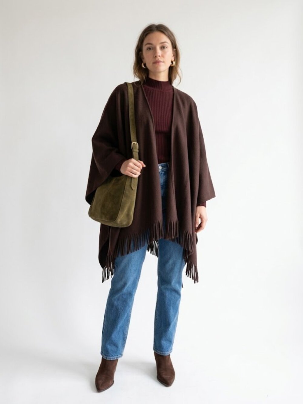 Sandra Brown Fringe Poncho Cape Wrap One Size Cozy Fall Layer